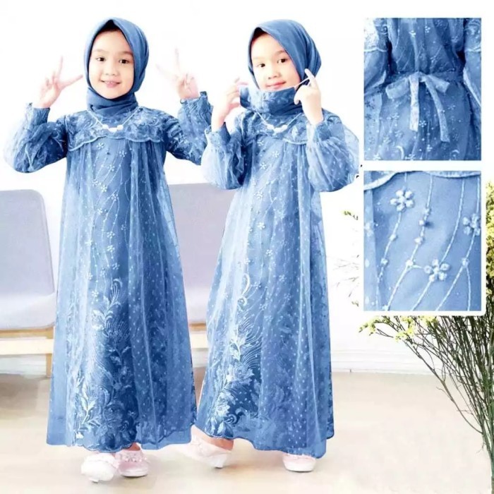 TERMURAH Gamis anak eliana kids 3 - 16 thn brukat tile dot biru blue denim PS