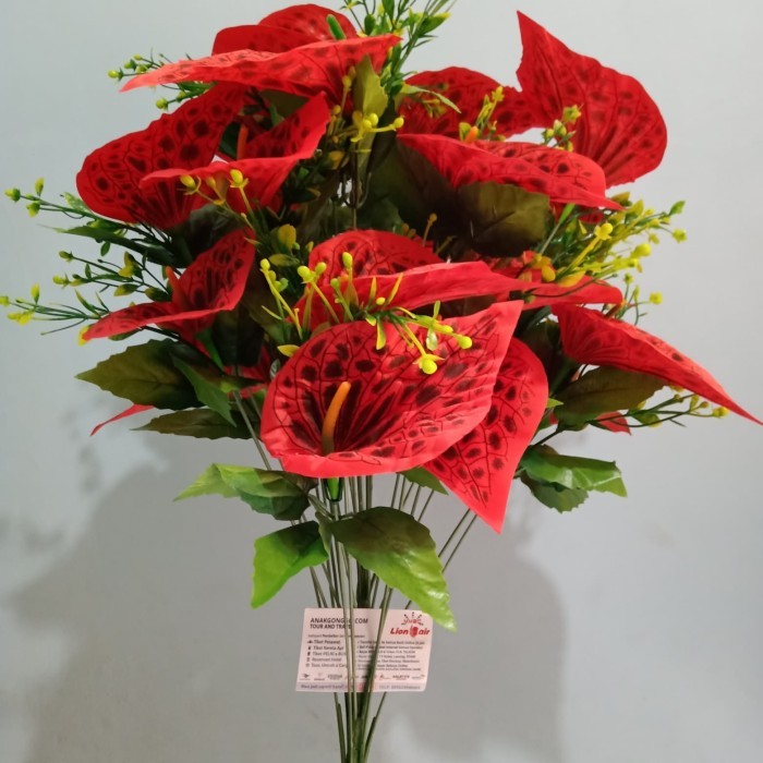 Bunga Hias Palsu Artificial Anthurium Kuping Gajah Merah Untuk Dekor Ready