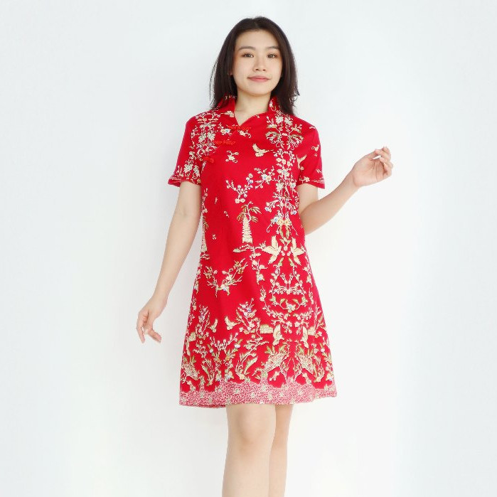 Dress Chongsam Mididres China Chengsam Merah Prmpuan Dewasa Imleq Set Baju Dreass Qipao Tanggung Wan