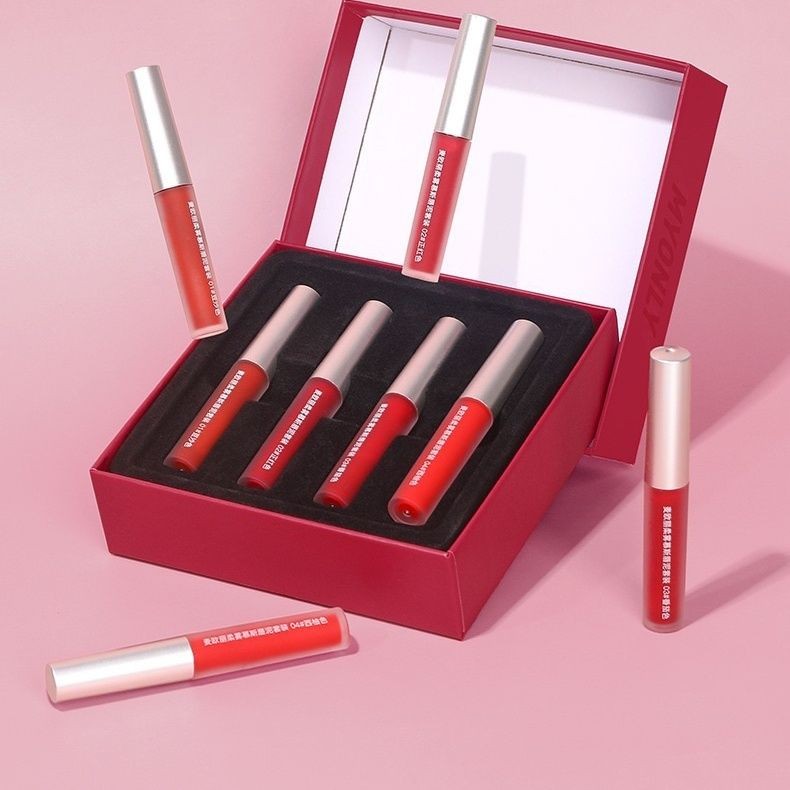 Set Hadiah4Lipstik Matte Lacquer, Lip Mud Beludru, Lipstik Matte