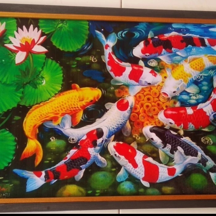 STOK TERBATAS lukisan cetak ikan koi klasik elegan plus bingkai Kode 933