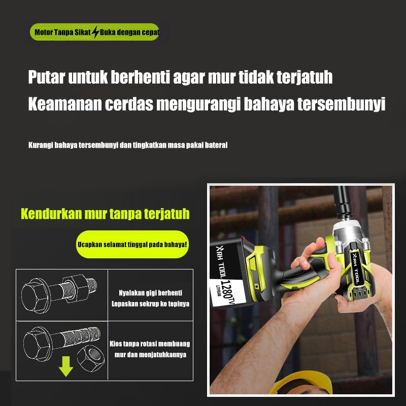 XRH TOOL Impact Wrench Kunci Pas Dampak Tanpa Sikat Tanpa Kabel Kunci pas baterai litium Kirim satu