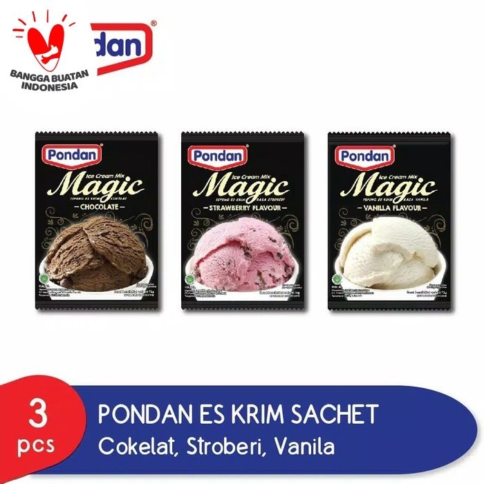 

Pondan Paket Es Krim Sachet 75g (Cokelat, vanila, stroberi) CUCI GUDANG