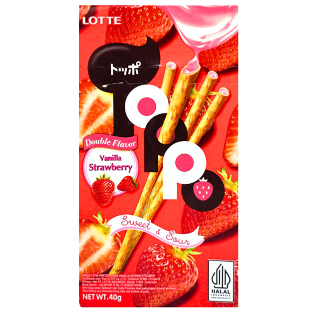 

S23076 LOTTE TOPPO VANILLA STRAWBERRY BISCUIT STICK 40GR MAJU BERSAMA (20250302)