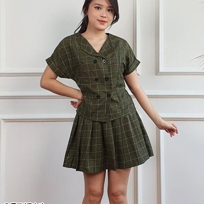 JH Corduroy Skirt Set Setelan Rok Pendek Wanita Casual Motif Kotak 1241