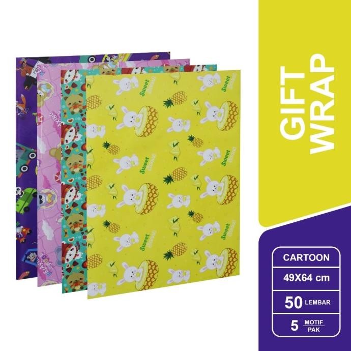 

sale! sidu kertas kado glossy motif kartun / cartoon 1 pack isi 50 lemb