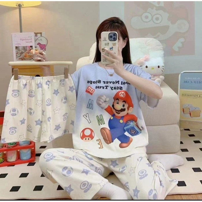 BAJU TIDUR SETELAN 3 IN 1 WANITA PIYAMA IMPORT BAHAN KAOS SPANDEK