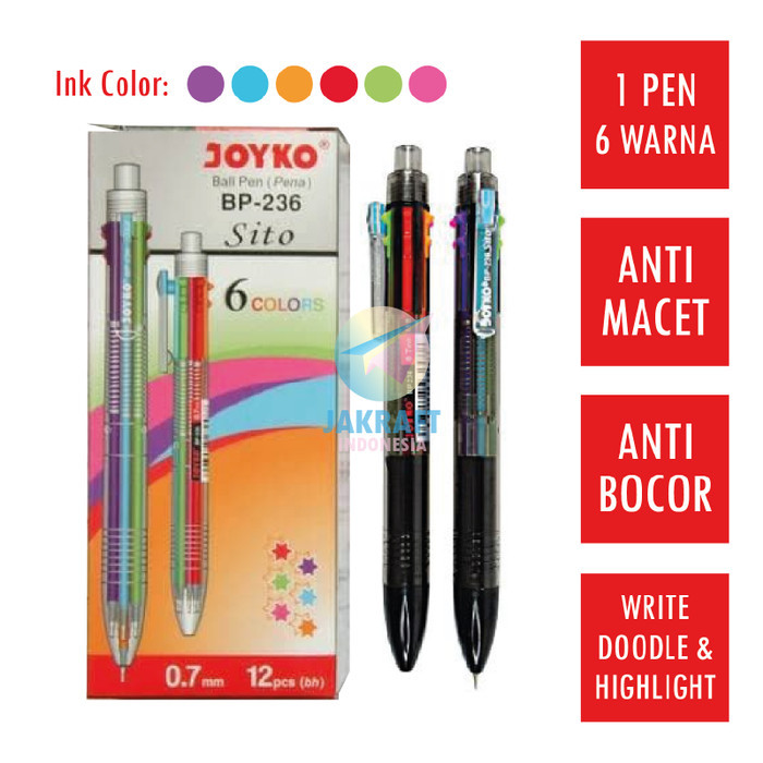 

Pulpen Ballpoint Pen Klik Joyko Bp-236 Sito 6 Warna 0.7 Mm Anti Macet