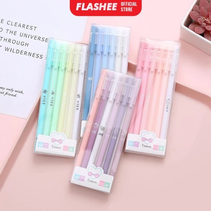

Flashee 6 Set Pena Gel Tinta Hitam Bolpoin 6Pcs Pulpen Pena Gel Tanda Tangan 0.5mm Cover Warna