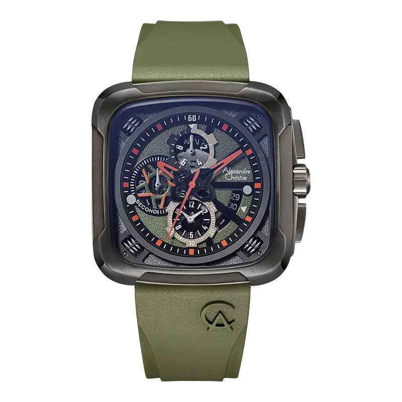 Jam Tangan Pria Alexandre Christie Chronograph AC 6577 MC RIGBAGN Men Dual Tone Dial Green Rubber St