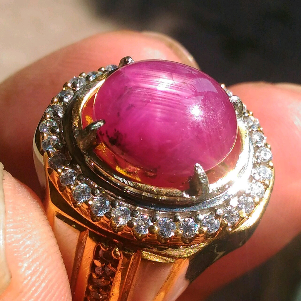 Natural Ruby Corundum Star Pinkish Serat Patkwaa Hexagonal Top Kristal Ring Perak Chroom  Microsetting
