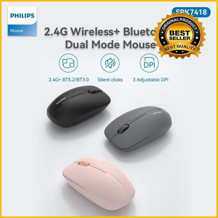Philips Spk7418 Mouse Multi Device Bluetooth+2.4G Wireless Mouse Silent Terlaris 100 % Original
