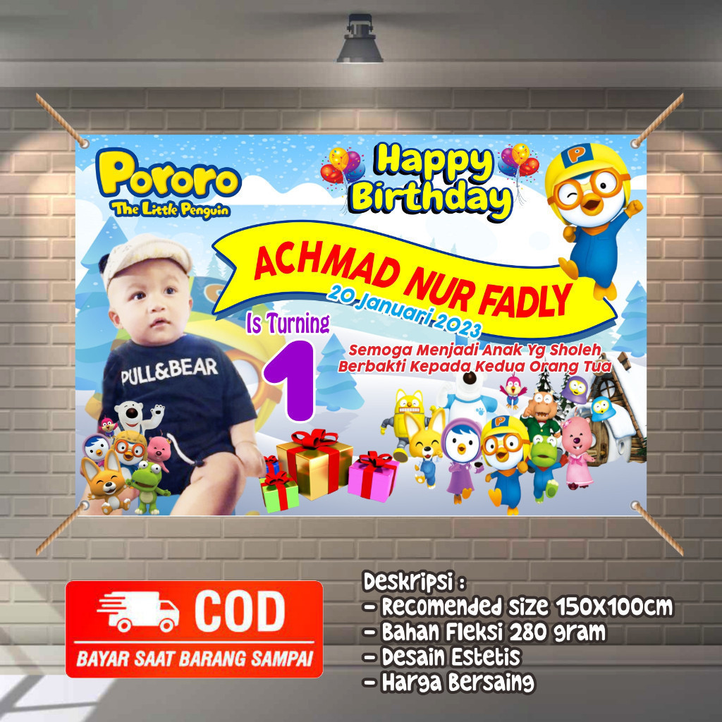 Spanduk Banner Ulang Tahun – Happy Birthday Pororo, Ukuran Besar, Bisa Bayar di Rumah