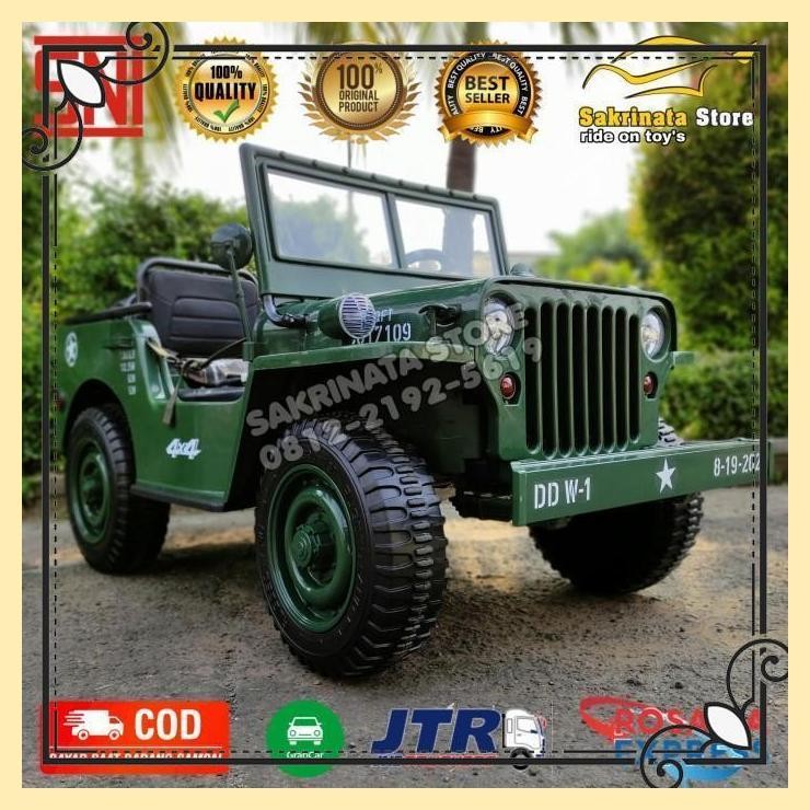 Mobil Anak Mainan Aki Jeep Willys 3 Seat Ban Karet