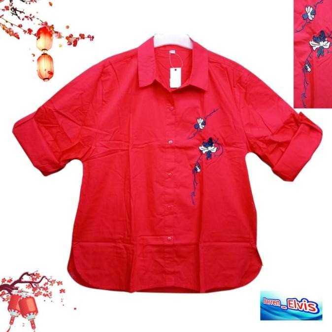 Kemeja Wanita Import / Merah Bordir Pinguin Terlaris