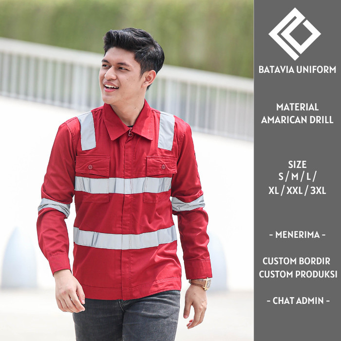 Baju Kemeja Wearpack Kerja Proyek Safety Panjang Pria Maroon Resleting