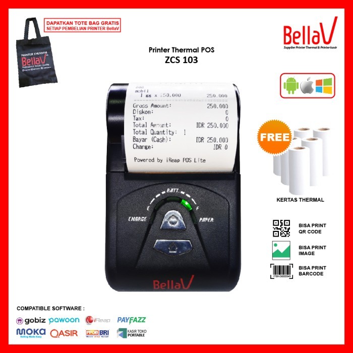 

TERBARU! PRINTER BLUETOOTH THERMAL BELLAV ZCS-103 PLUS KERTAS 10 ROLL