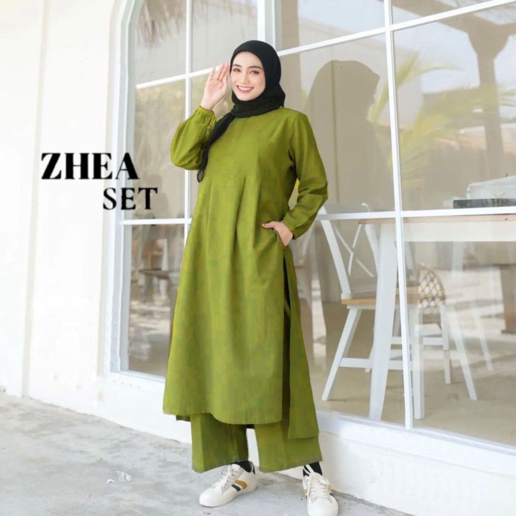Gratis Ongkir  Zhea Set Setelan Tunik + Celana Kulot Jumbo Wanita Bahan Katun Linen Rami Fashion