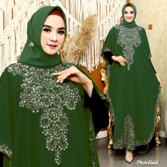 Kaftan gema hijau botol premium baju muslim pesta mewah jumbo gem ktf