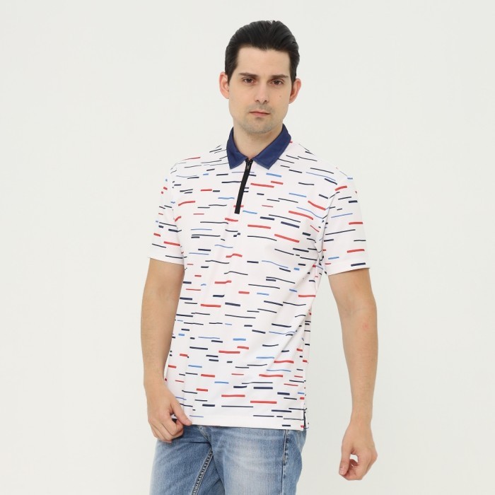 POSHBOY Kaos Kerah Pria Zipper Print Lengan Pendek Motif