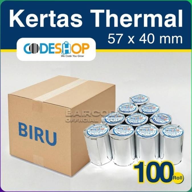 

Kertas Thermal 57 x 40 Codeshop Struk Kasir 58mm Cetak Biru - 100 Roll