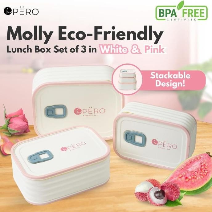 Promo Pero Kids Molly Eco-Friendly Lunch Box 1500Ml Set Of 3 White & Pink / Tempat Makan Anak Sekat 