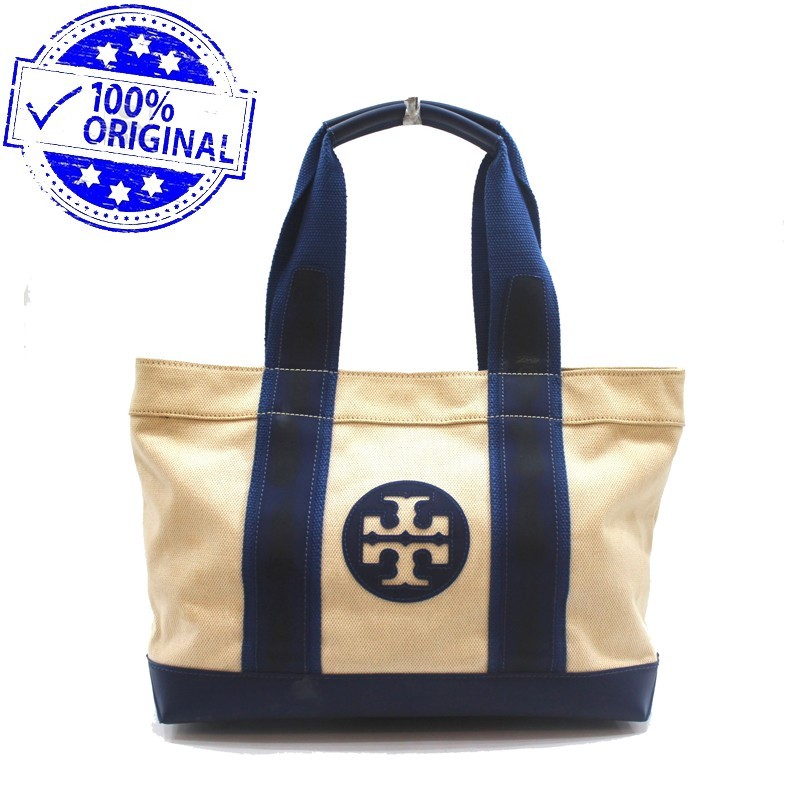 Preloved Tory Burch Ivory Blue Canvas Mini Beach Tote Bag