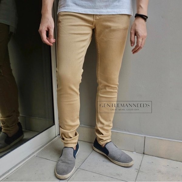 Celana panjang denim slimfit cowok coklat polos plain cream jeans