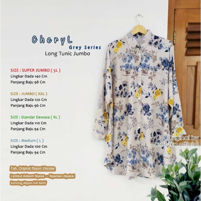 Murah CheryL Farissa Kemeja Tunik Areezka Motif Rayon Viscose Premium Jumbo Adem Nyaman LD 120 140