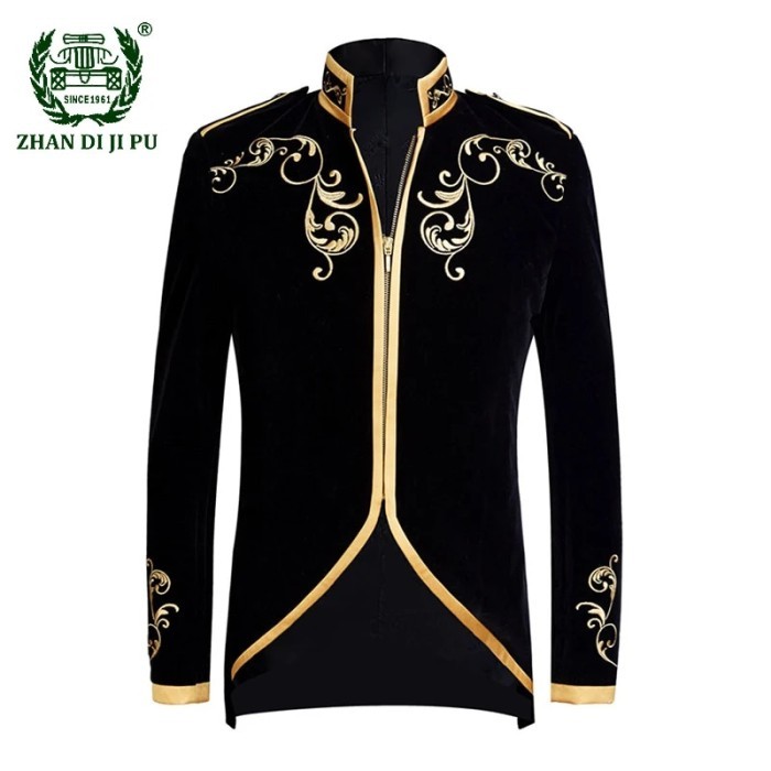 AppleDezign New Vintage Palace Blazer Men Brand Black Velvet Gold Embroidery Mens