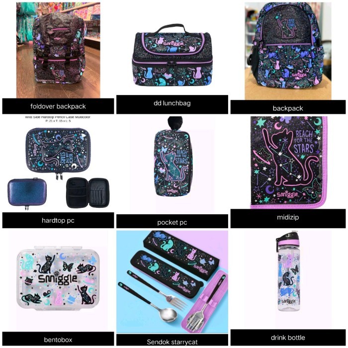 Smiggle Wild Side Starry Kitty Cat Backpack, Botol, Lunch Bag, Pcase