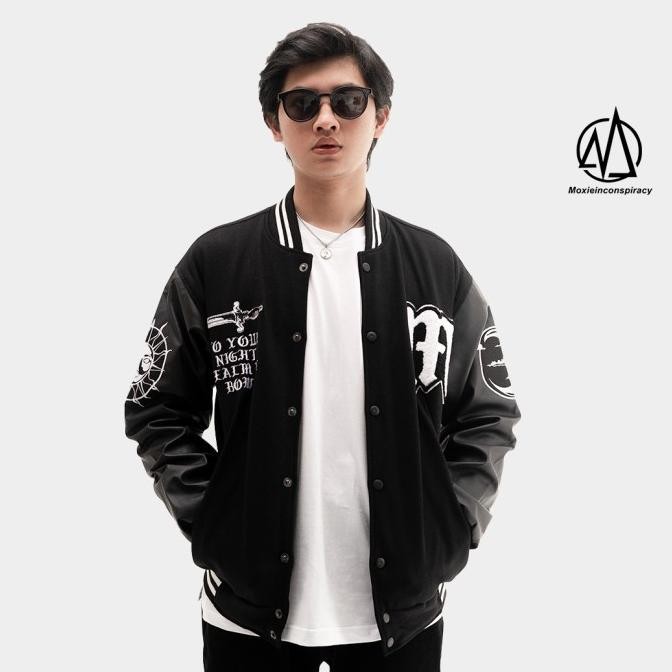 MOXIE JAKET VARSITY NOCTURNAL UNISEX HITAM BLACK JACKET STOK TERBATAS