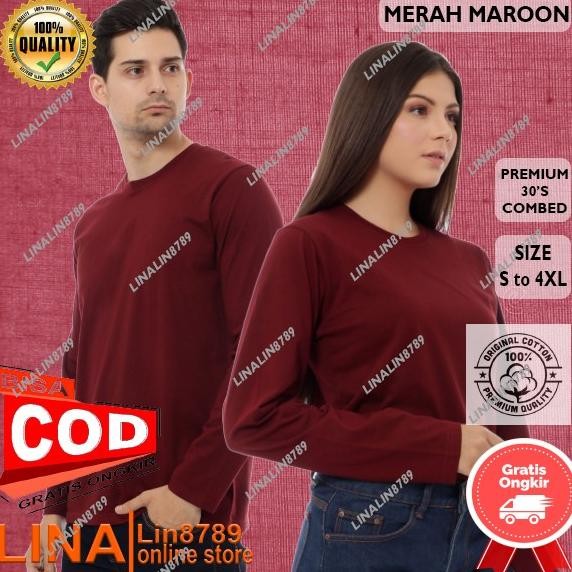 KAOS POLOS PRIA WANITA COTTON COMBED 30S TANGAN PANJANG MERAH MAROON