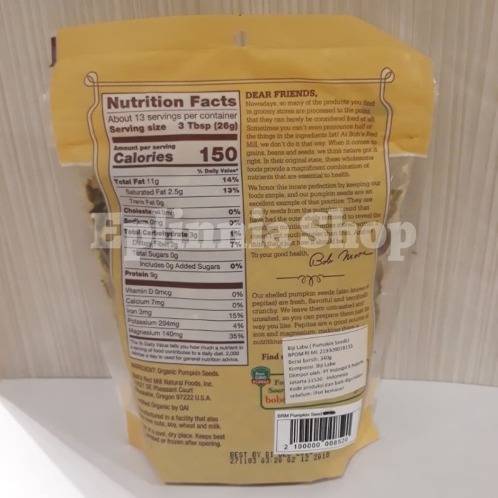 

BOB'S BOBS RED MILL ORGANIC PUMPKIN SEEDS 340 GR