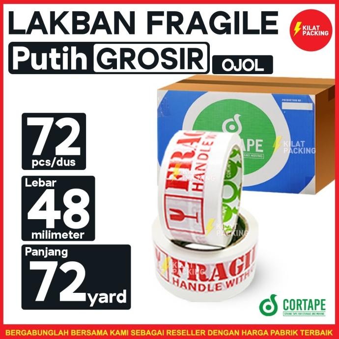

LAKBAN FRAGILE PUTIH 48 MM X 72 YARD TERMURAH 1 DUS OJOL ASLI
