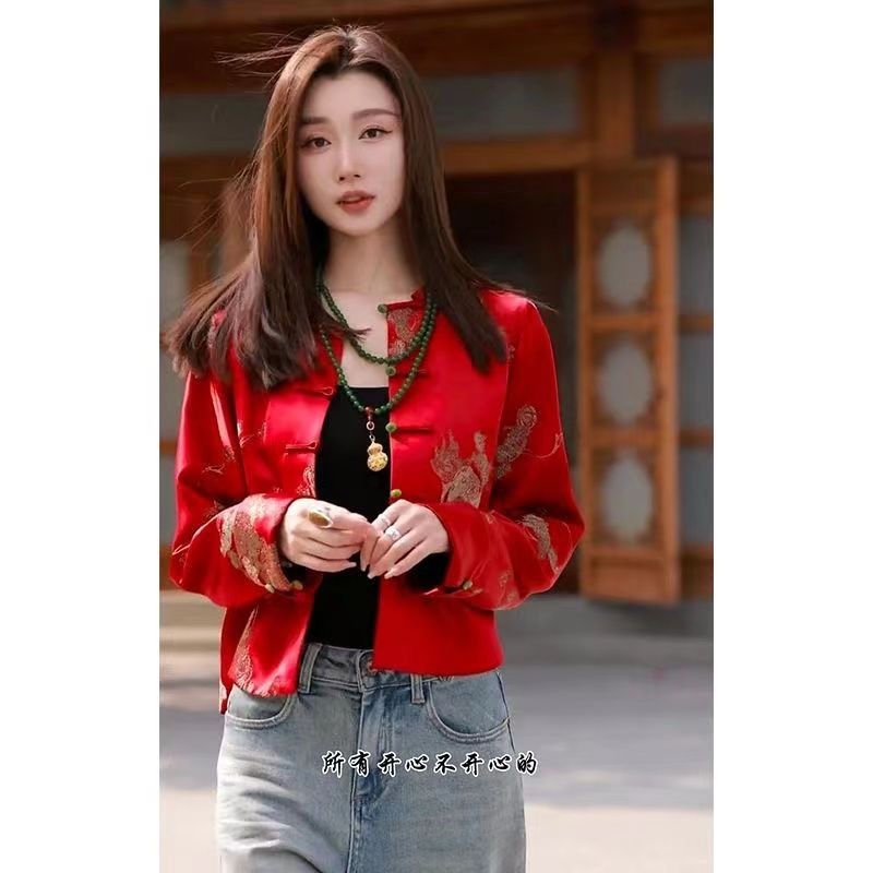 Jaket Pendek Cetak Kancing Gaya Cina Baru untuk Wanita