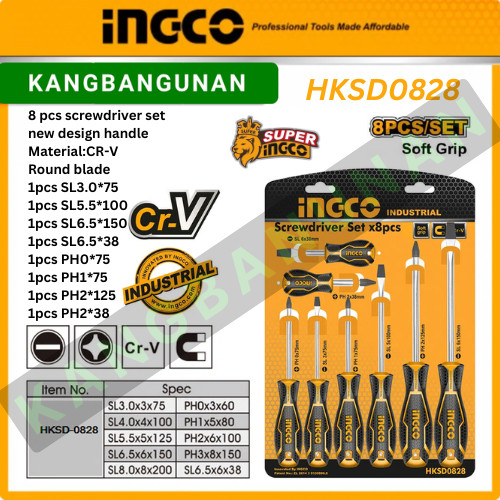 INGCO Obeng Set 8-Pc GG Karet Screwdriver Obeng Plus Minus HKSD0828 Bahan CR-V Pisau Bundar Desain B