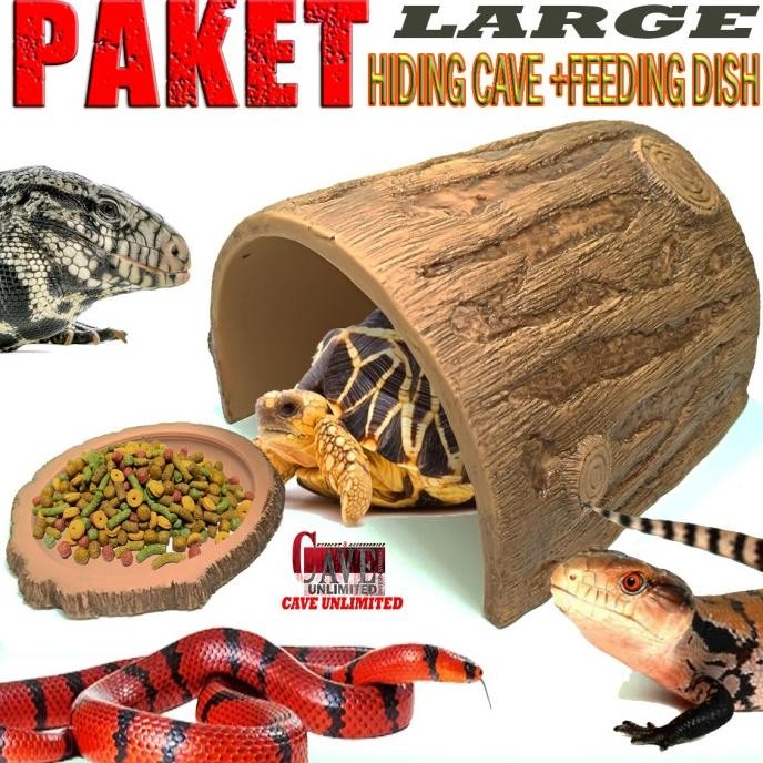 Paket Large Hiding Cave Feeding Dish Sulcata Aldabra Tortoise Reptile