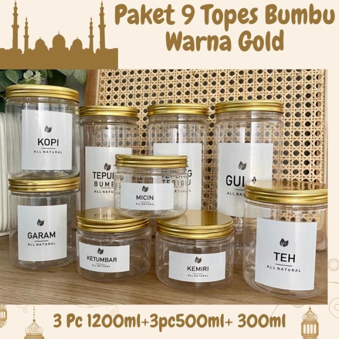 

STOK TERBATAS Anischa - Paket Hemat 9 Toples Bumbu Dapur Tutup Alumnunium Gold Free