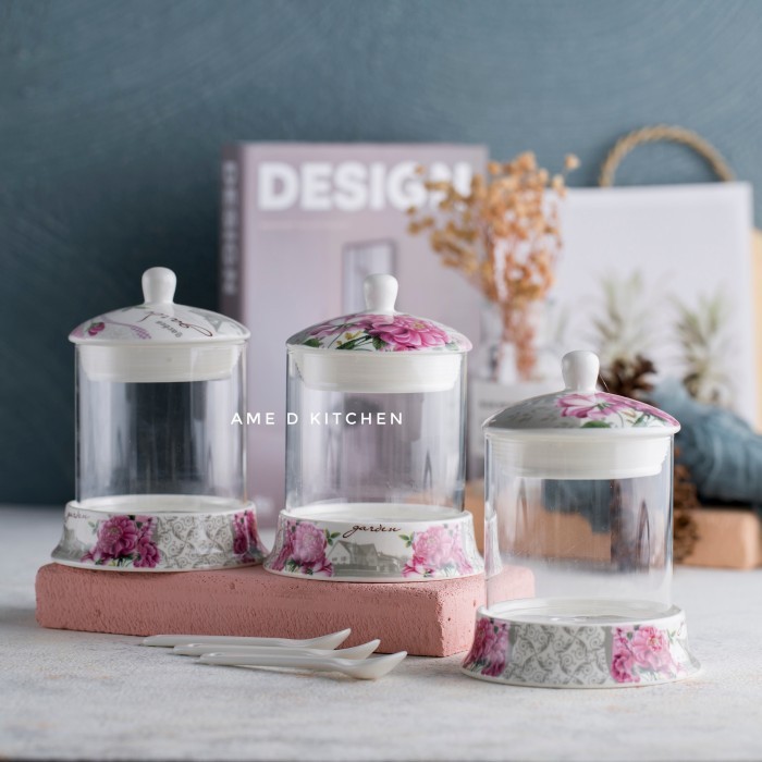 

TERJAMIN Toples / tempat bumbu shabby pink isi 3 + sendok keramik