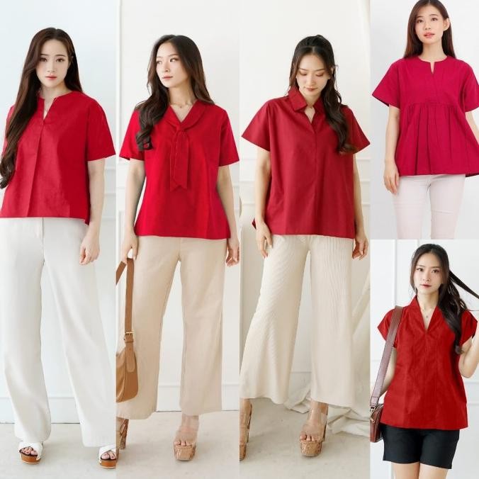 Atasan Merah Maroon Blus Polos Wanita Leher V Katun Baju Lengan Pendek HPID