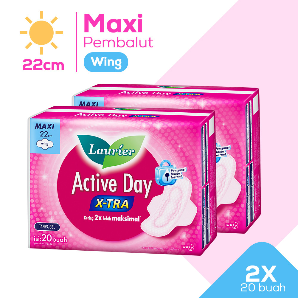 Laurier Active Day X-tra Pembalut Wanita Daya Serap Ekstra Bebas Bocor Wing 22cm isi 20 buah Twinpac
