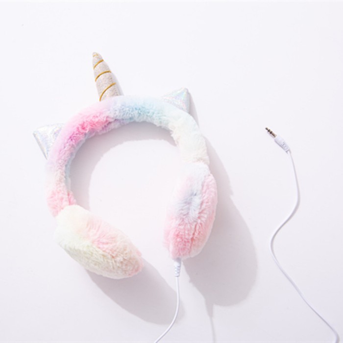 Headphone Unicorn Tanduk bulu Rainbow plus Mic