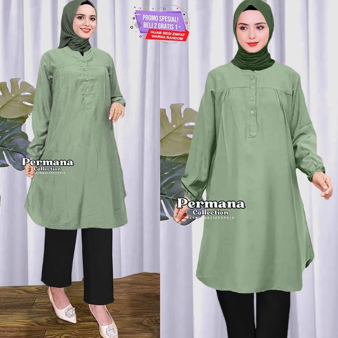 Baju Atasan Tunik Wanita Kemeja Lengan Panjang Cream Tua Jumbo Dewasa