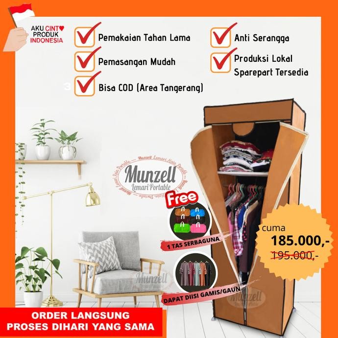 Lemari Kain Munzell Type Lpf 02, Coklat (Lemari Pakaian 1 Gtg+2 Sekat)
