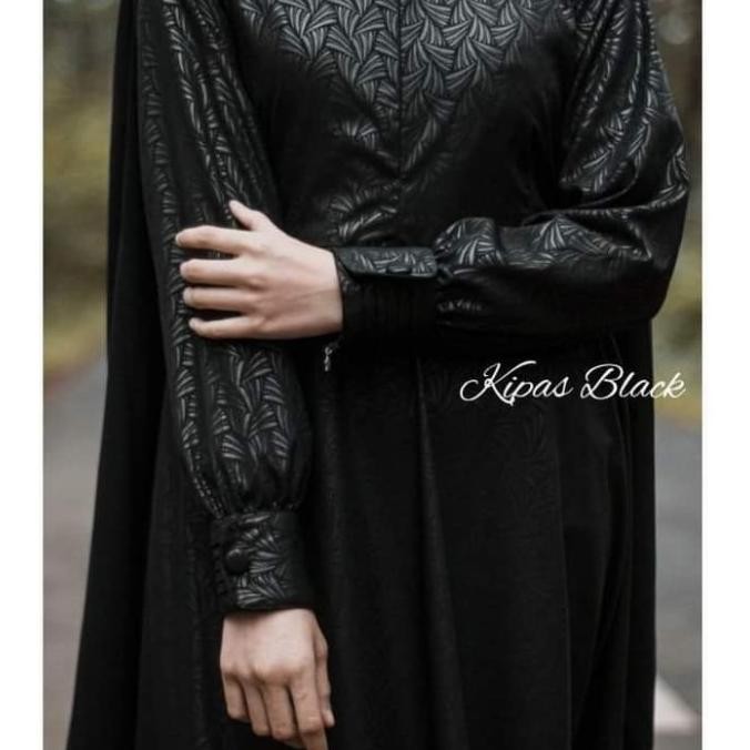 Gamis embos motif kipas hitam-gamis syari hitam premium-gamis hitam