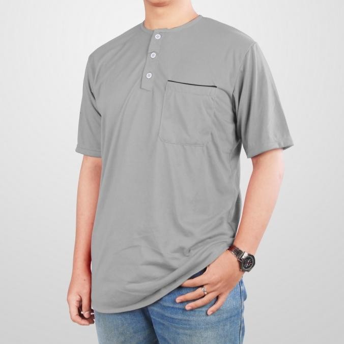 BAJU KAOS KOKO KURTA PRIA DEWASA KANCING SAKU BAHAN COTTON WARNA ABU