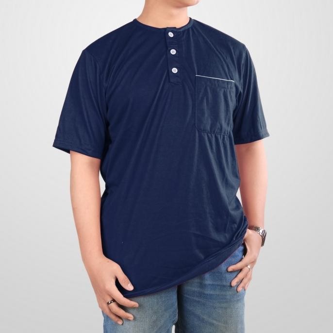BAJU KAOS KOKO KURTA PRIA DEWASA KANCING SAKU BAHAN COTTON NAVY