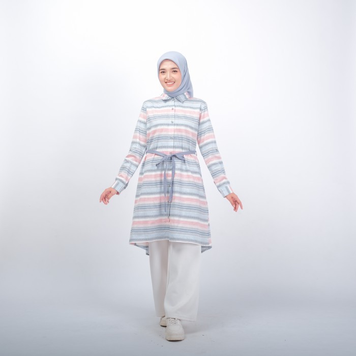 Tunik Cotton Inch - Ayuda Tunik Dress Motif Garis tali pinggang wanita - Pink, L adem murah kekinian