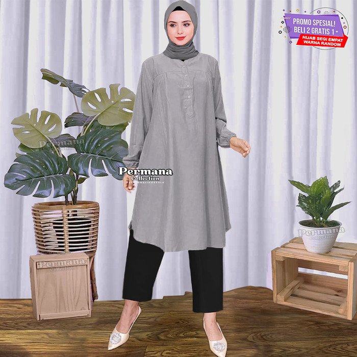 Tunik Atasan Wanita Lengan Panjang Baju Kemeja Muslim Tunik Warna Merah - Abu Muda, L terbaru terbar